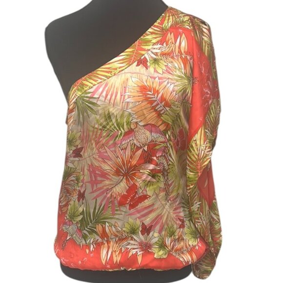 CACHE Tropical One Shoulder Blouson Top M | Split Sleeve Scarf Style - Picture 1 of 12